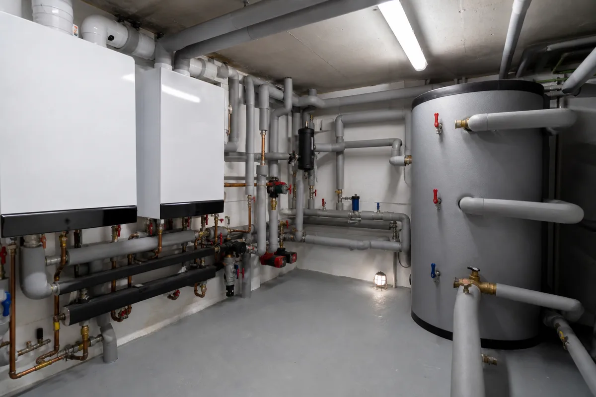 Chaufferie collective d’un immeuble d’habitation avec canalisations et vannes