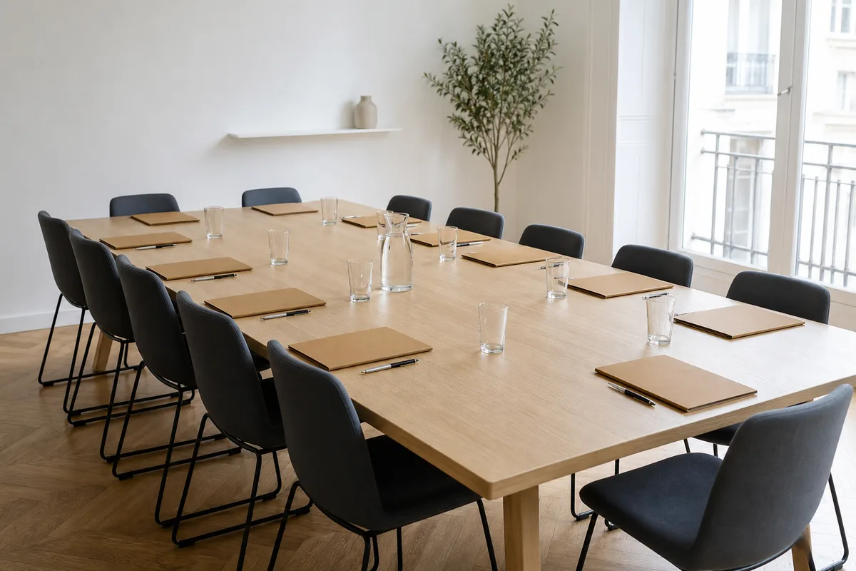 Table de réunion préparée pour une assemblée générale de copropriété