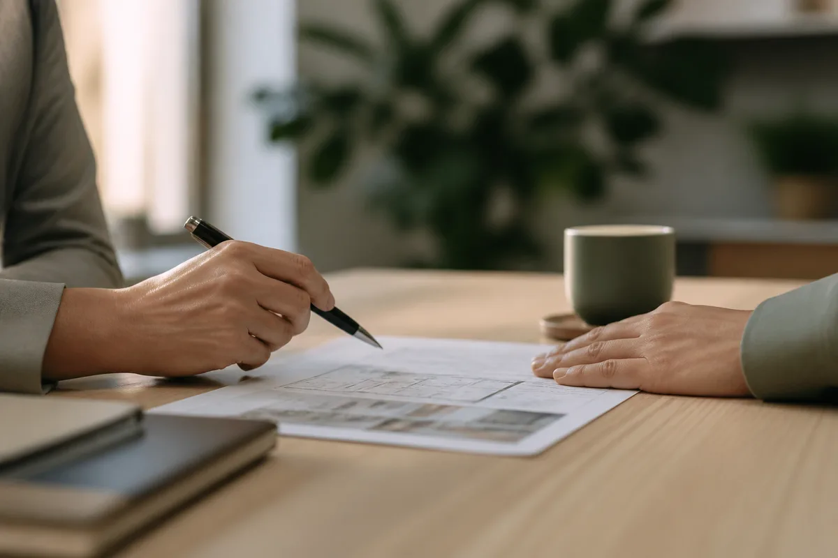 Deux mains signant un avant-contrat immobilier sur une table de bois clair