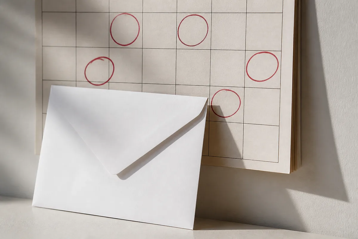 Enveloppe recommandee posee sur un calendrier mural annote