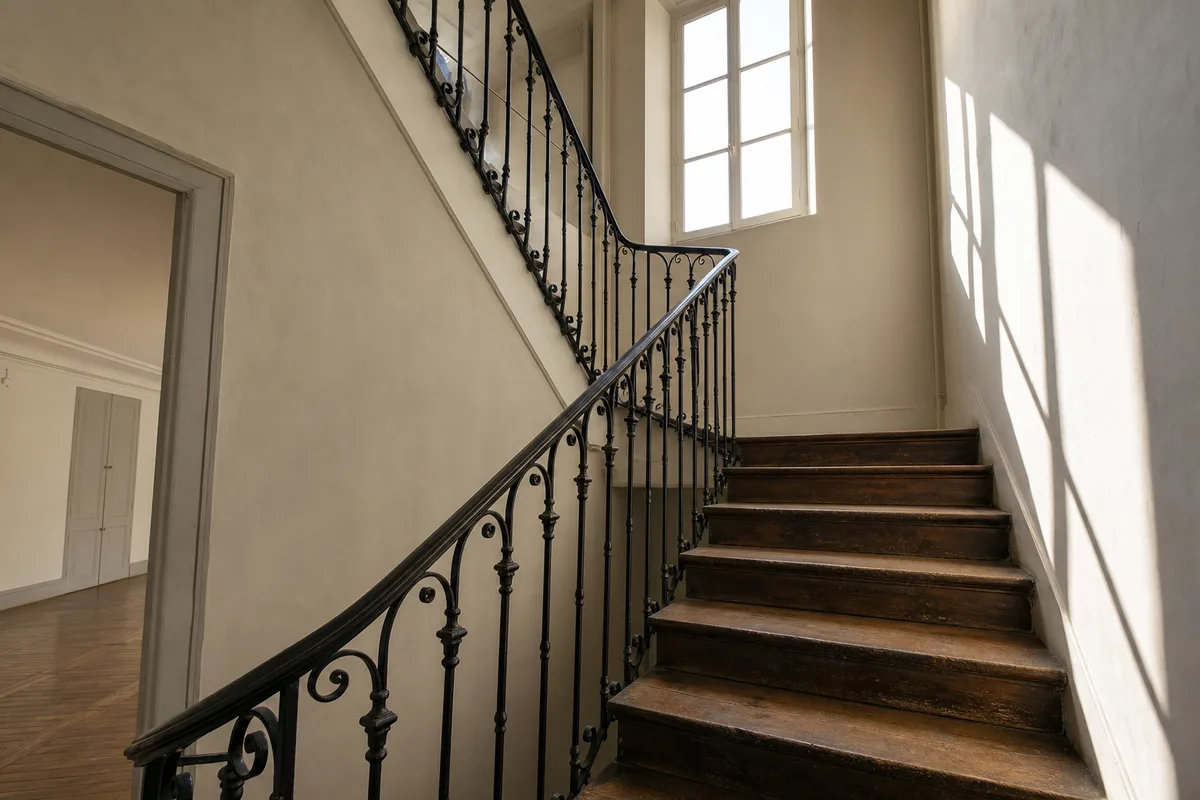 Escalier en bois d’une maison ancienne avec rampe en fer forgé, lumière du jour venant d’une fenêtre haute