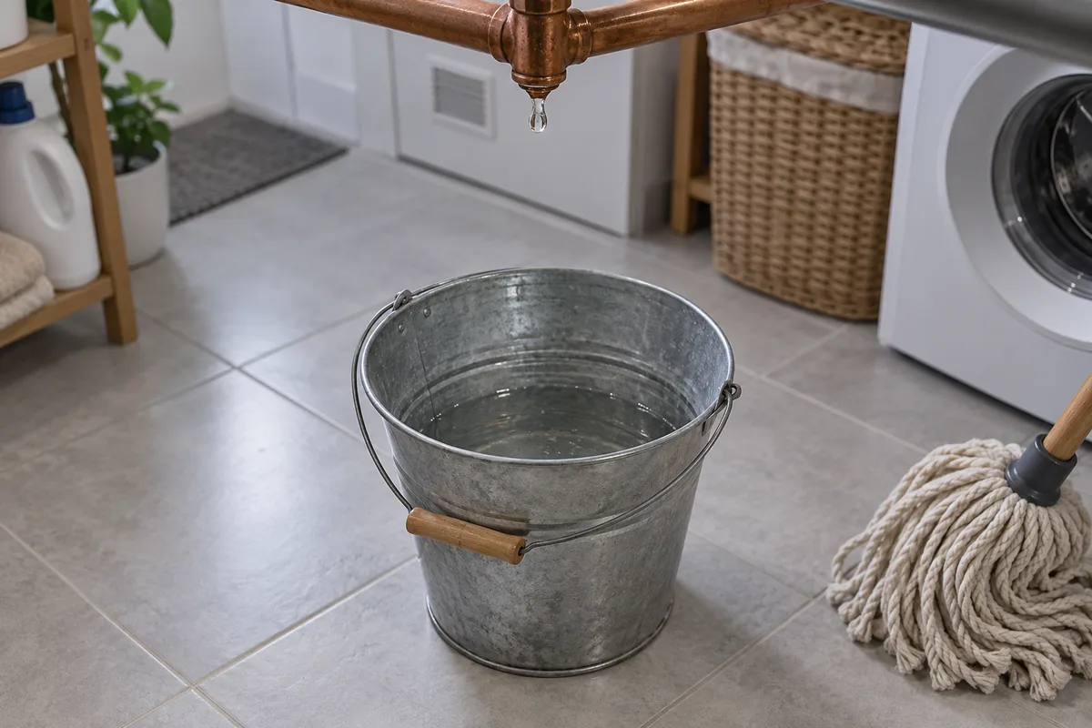 Seau en métal posé sous une canalisation qui goutte dans une buanderie