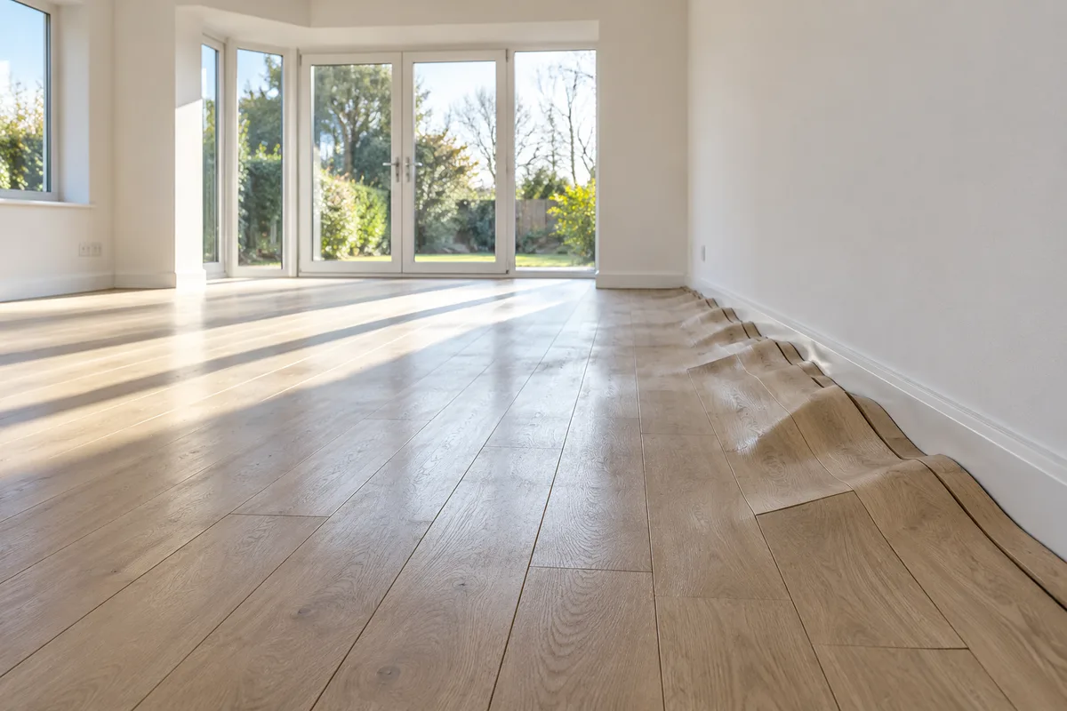 Lames de parquet en chêne gondolées dans un séjour vide après un sinistre