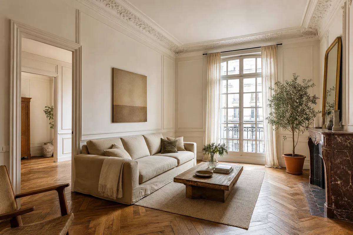Salon lumineux d&rsquo;une maison ancienne préparée pour une visite d&rsquo;estimation