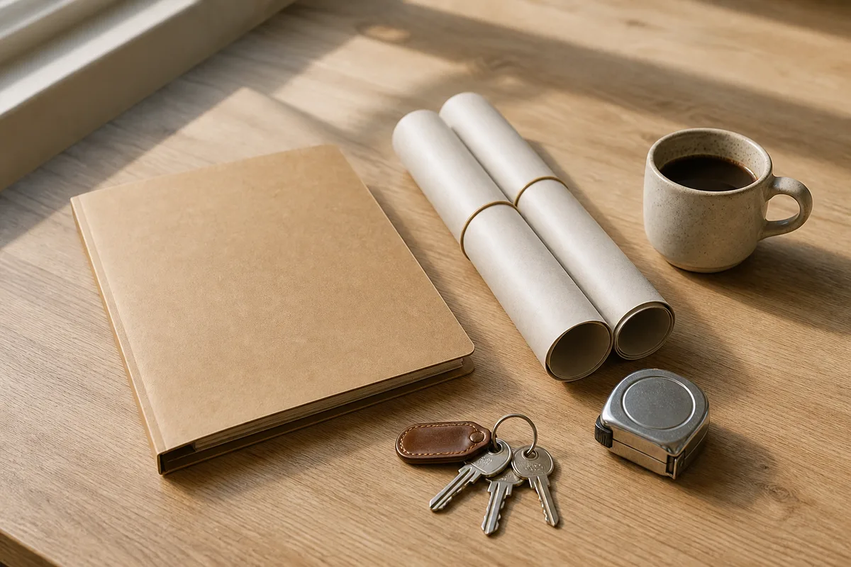 Dossier de vente et plans d&rsquo;appartement posés sur une table de travail