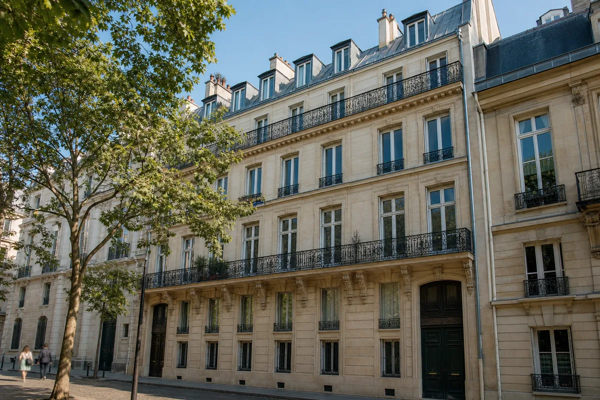Façade d&rsquo;immeuble parisien vue depuis la rue un matin d&rsquo;été