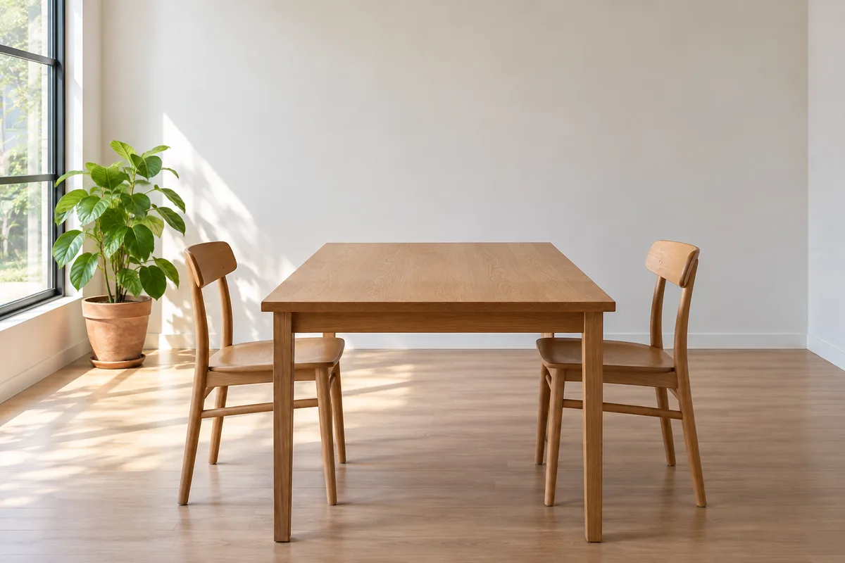 Deux chaises face à face de part et d’autre d’une table en bois vide dans un bureau clair