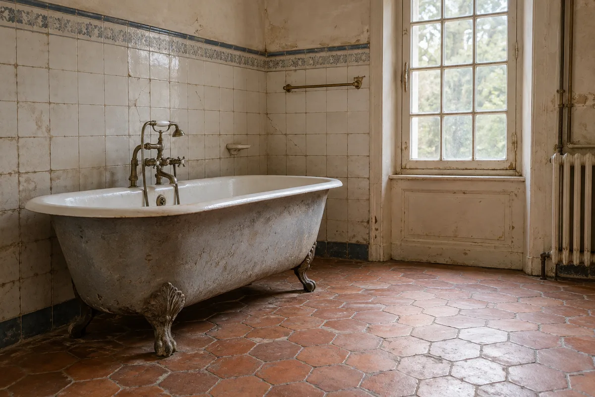 Salle de bains ancienne avec baignoire sur pieds et carrelage usé dans une pièce vide