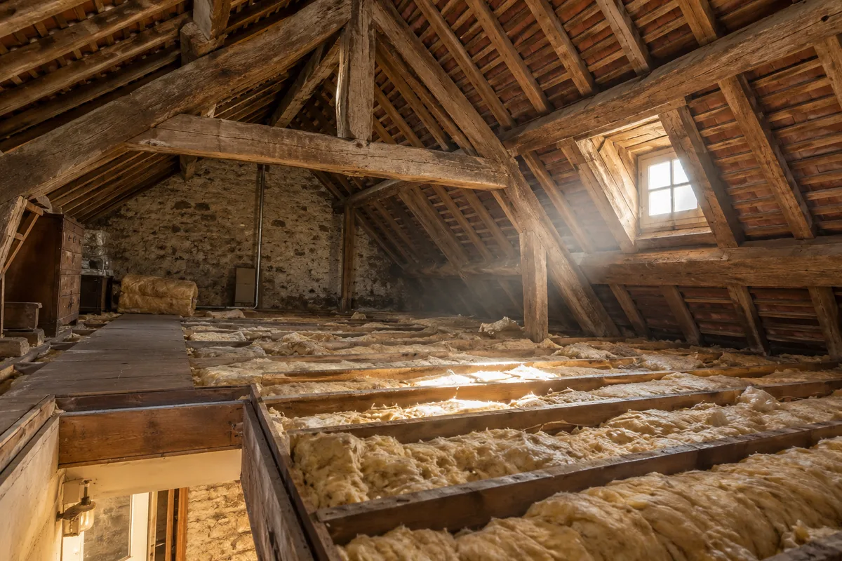 Combles d&rsquo;une maison ancienne éclairés par une lucarne, charpente en bois apparente