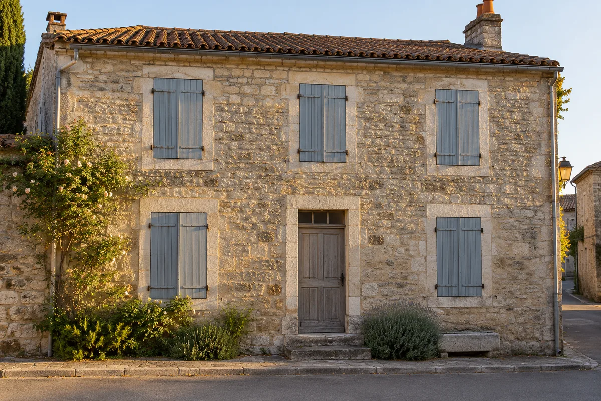 Façade en pierre d&rsquo;une maison de village avec volets en bois fermés, lumière rasante de fin de journée