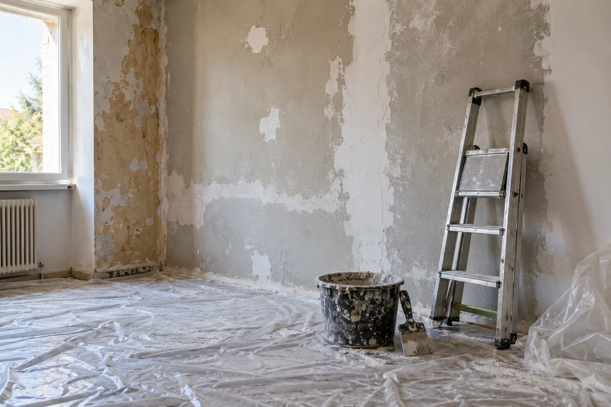 Mur intérieur dégarni en cours de préparation, bâche de protection au sol et escabeau en aluminium