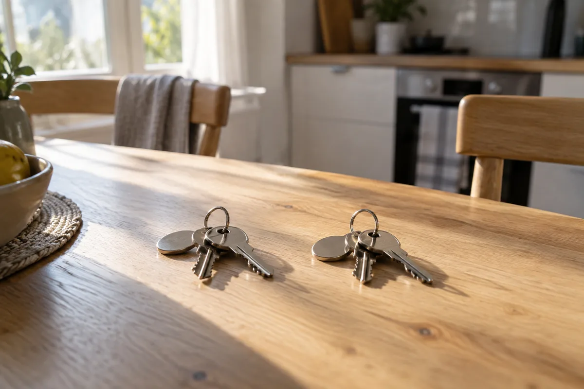 Deux trousseaux de clés identiques posés côte à côte sur une table de cuisine en bois clair