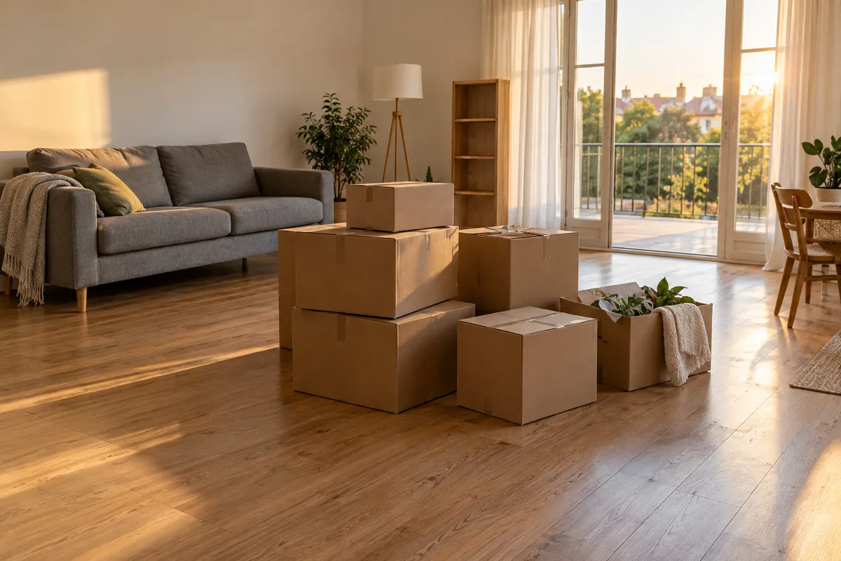 Cartons de déménagement bruns empilés dans un salon partiellement vide, rideaux ouverts sur la lumière de fin de journée
