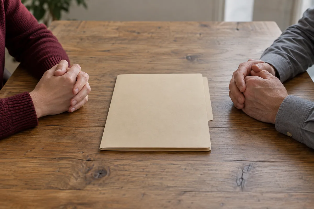 Mains de deux personnes posées de part et d’autre d’une chemise cartonnée fermée sur une table en bois